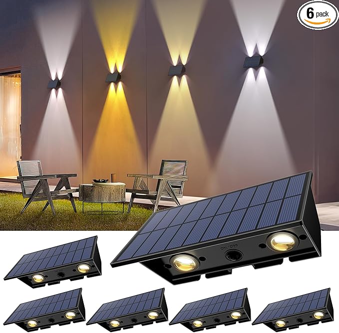 Solar Fence Lights,6Pack Solar Lights Outdoor 2700/4500/6000K 3 Modes Up & Down Wall Lights Waterproof 100 Lumens Dusk to Dawn Fence Light for Outside/Backyard/Pool/Railing/Patio/Porch/Step