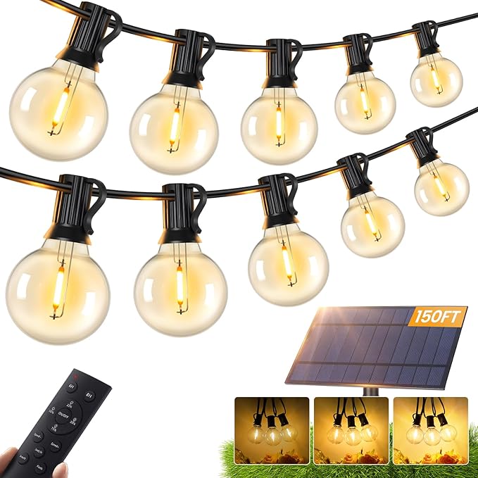 Brightever 150FT Solar String Lights Outdoor Waterproof, G40 Solar Lights with Remote and 55+2 LED Shatterproof Globe Bulbs, Dimmable&3 Lighting Modes, Solar Power Patio Lights for Backyard, Garden