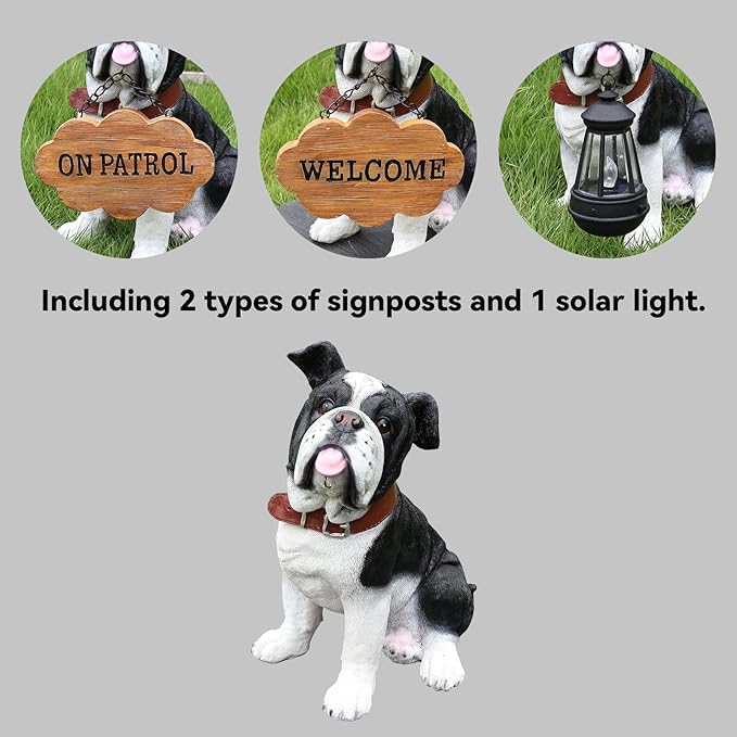Outdoor English Bulldog Dog Statue with Interchangeable Welcome Sign and Detachable Solar Lantern –LED Light Garden Dog Sculpture Décor, Cute Puppy Design for Yard, Porch, Gift