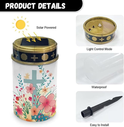 Floral Solar Lights Outdoor Waterproof Cross Cemetery Solar Lights for Grave Lighting Decorations for Cemetery Mom