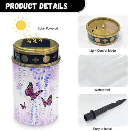 Poceacles Solar Powered Grave Lights for Cemetery, Solar Lights Cemetery Decorations for Grave Solar Candle Lights Pathway Garden Lights for Loss of Mother Dad, Butterfly Wisteria Flower, Poc-N9