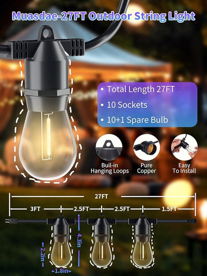27Ft Led Outdoor String Lights,Patio Lights, S14 Edison Shatterproof Bulbs,for Patio Backyard Cafe Porch Garden Bistro Party Wedding Decoration (2 Pack)