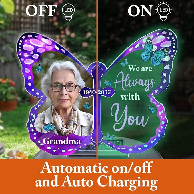 Personalized Memorial Butterfly Solar Light - Custom Photo Memory Acrylic Garden Lights - Decoration Garden Outdoor Grave Light, Sympathy Gifts for Loss of Loved Ones