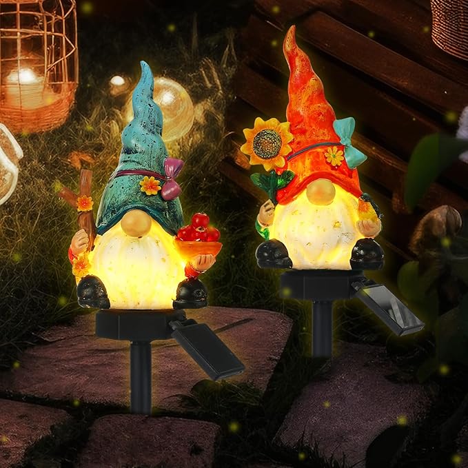 2 Pack Garden Decor Gnome Statues with Solar Lights Gnomes Lights Gifts for Mom Grandma Gnome Figurine for Outdoor Garden Pathway Lawn Patio Yard Decoration