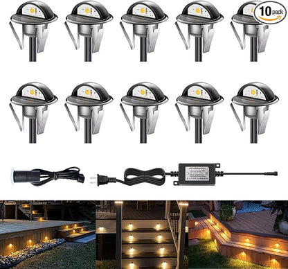 LED Outdoor Deck Lights with Photocell, Φ1.38in Warm White 10 Pack Black, Low Voltage 12V IP65 Waterproof, Electric Wired Recessed Stair Step Riser Mini Under Landscape Lighting for Yard Floor