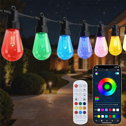 Smart Outdoor String Lights, 50FT RGB Color Changing Patio Lights with Timer, 21-Key RF Remote and Bluetooth App, IP65 Waterproof Shatterproof LED Lights for Backyard Balcony Garden Party Decor