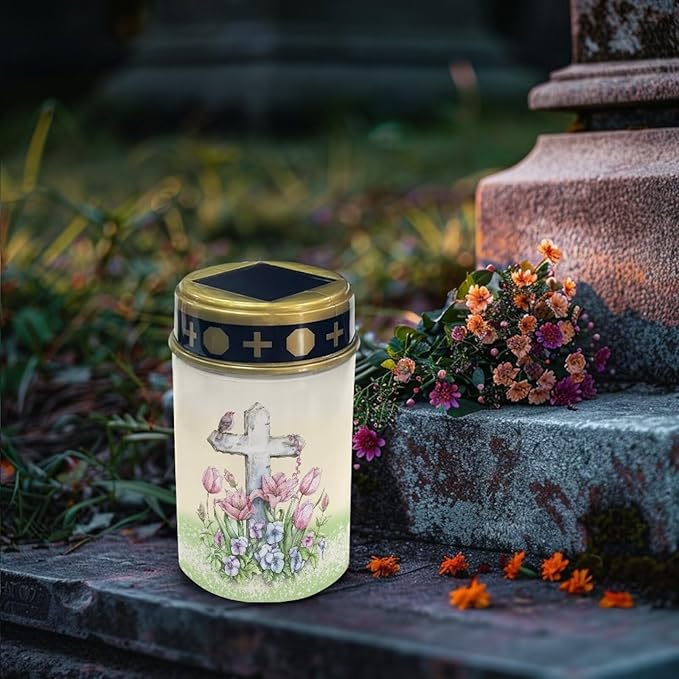 Cross Pink Lily Solar Garden Stake Lights, Yard Solar Lights Cemetery Decorations for Grave Outdoor Sympathy Memorial Gift for Grandma, for Garden Lawn Patio Pathway Decor