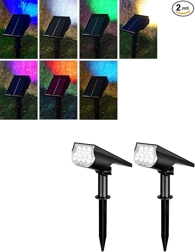 Solar Spot Lights 2 Pack, RGB Color Changing Outdoor Landscape Lights with 2000mAh Battery, IP65 Waterproof for Pathway Garden Yard Patio