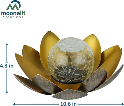 MCSLOTUS-G Gold Lotus Flower Solar LED Garden Light with Crackled Glass Globe – Waterproof Metal Outdoor Décor