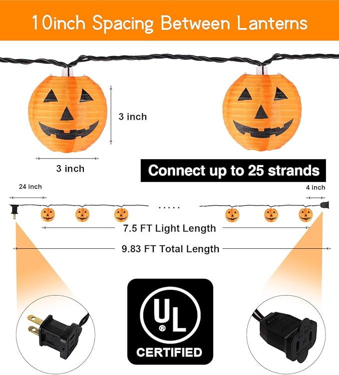 Halloween Lantern String Lights, Jack O Lanterns Pumpkin String Lights Plug in, 10 Orange Lights String 9.83FT Connectable Indoor/Outdoor Halloween Decorations