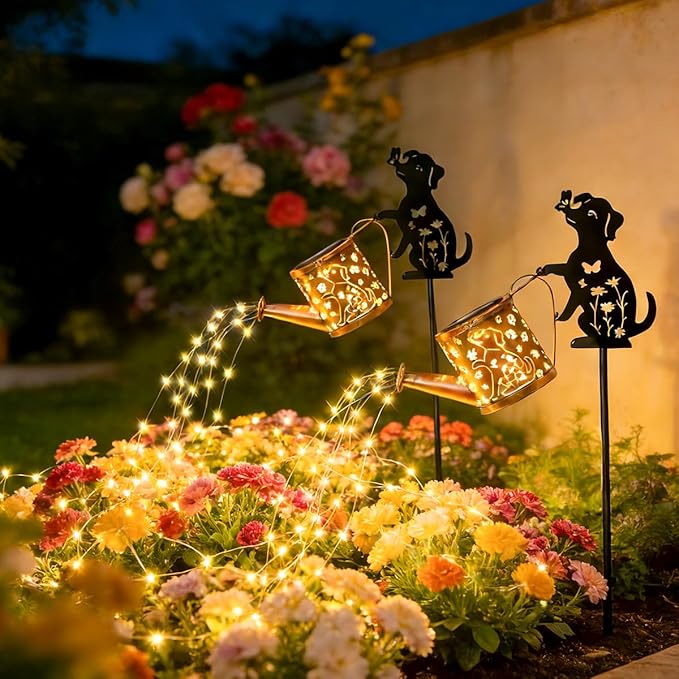 Outdoor Solar Dog Garden Decorative,Solar Watering Can with Light, Featuring Metal Dog Statue Silhouette Stake, Day | Lumora