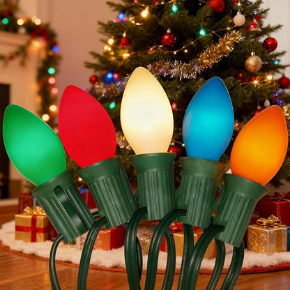 Christmas Lights Outdoor 25Ft C7 Incandescent Christmas Lights with 27 Multicolor Ceramic Glass Bulb(2 Spare), Connectable Vintage Xmas String Light for Outside Patio Porch Party Wedding Garden Decor