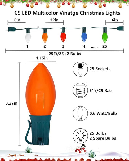 Christmas Lights Outdoor 25Ft C9 LED Vintage Christmas Lights with 27 LED Multicolor Ceramic Glass Bulbs(2 Spare), Connectable Plug in Xmas Light for Indoor Outside Home Patio Tree Holidays Decor