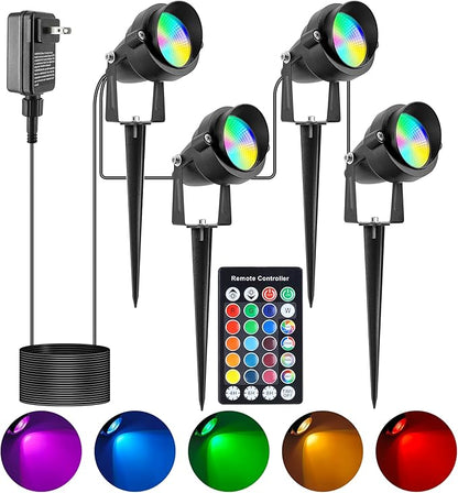 Christmas Spotlights Outdoor, 20W Color Changing Landscape Lighting with Remote & Timer (4H/6H/8H), IP65 Waterproof Aluminum RGB Spot Lights for Yard, House, Garden, Pathway Decor (4 Lights)