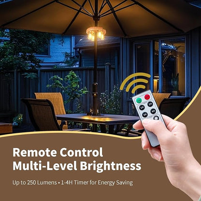Wood Grain Patio Umbrella Light with Remote Control, Rechargeable Cordless LED Edison Bulbs Pole Light with 10 Brightness Levels for Garden, Patio, Backyard, Camping or BBQ (1 Pack)