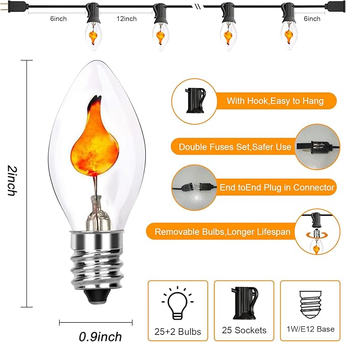 25Ft Flickering Flame String Lights with 27 C7 Flicker Flame Lights Bulbs, C7/E12 Candelabra Base Christmas String Lights for Party Indoor Outdoor Decor, 1 Watt- Black Wire