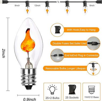 25Ft Flickering Flame String Lights with 27 C7 Flicker Flame Lights Bulbs, C7/E12 Candelabra Base Christmas String Lights for Party Indoor Outdoor Decor, 1 Watt- Black Wire