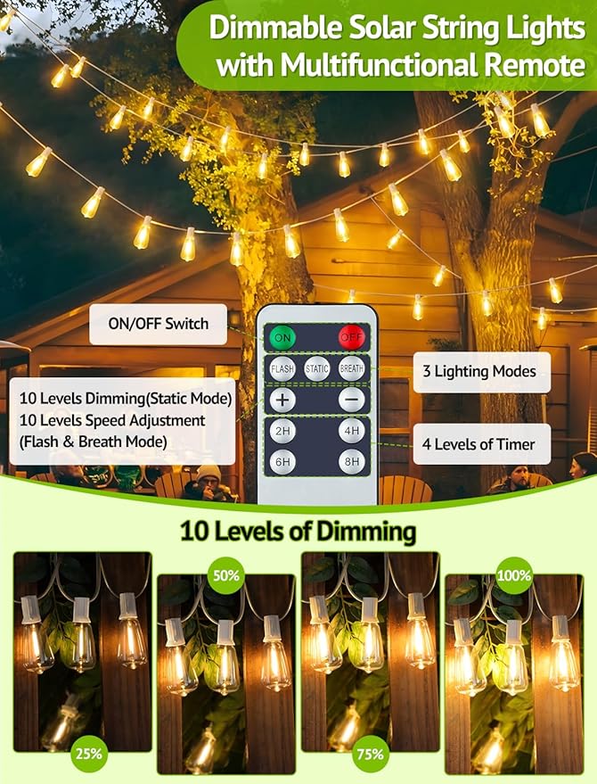 48FT Solar Outdoor String Lights with Remote & Timer, Shatterproof Dimmable 3 Modes Patio Lights with 15+1 ST38 LED | Lumora