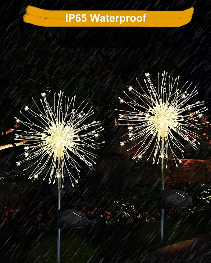 Solar Firework Lights Outdoor Waterproof 2Pcs 150 LED with 8 Modes DIY Stake Landscape Light for Outside Garden Yard Pathway Party Decor Christmas Decoration Solar Starburst Lights Warm White