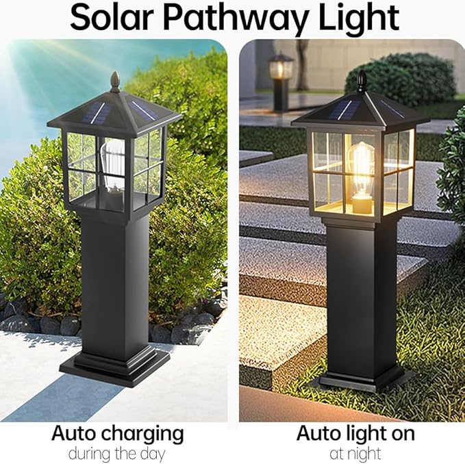 Solar Square Landscape Lights 23.6" Outdoor Solar Pathway Light Glass Bollard Lantern Auto On/Off Solar Garden Floor Lamp 3-Color Waterproof Solar Path Light For Lawn Courtyard Walkway Driveway