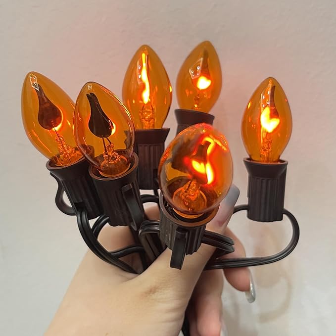 Abeja Orange Halloween Lights, 25FT Orange Flickering Lights String with 27 Flame Incandescent Blubs, Halloween | Lumora