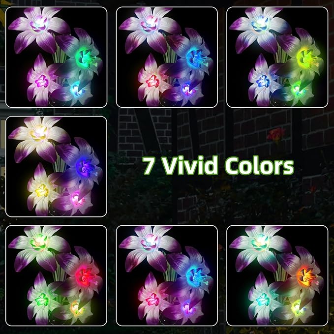 Solar Flowers Lights - Solar Garden Lights Outdoor Waterproof Lily Flower, 40 Hours Color Changing Solar Powered Outside Decor Decoration for Yard Patio Pathway Lawn, Gifts for Mom, 2pcs