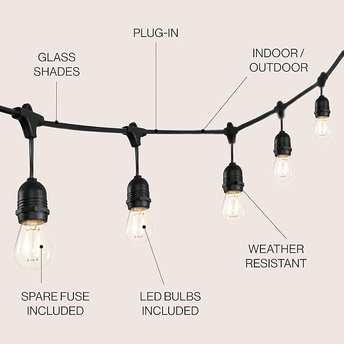 JONATHAN Y JYL8702A 48' Outdoor LED String Lights with 15 S14 Edison Bulbs, Dimmable Weatherproof Commercial Grade | Lumora