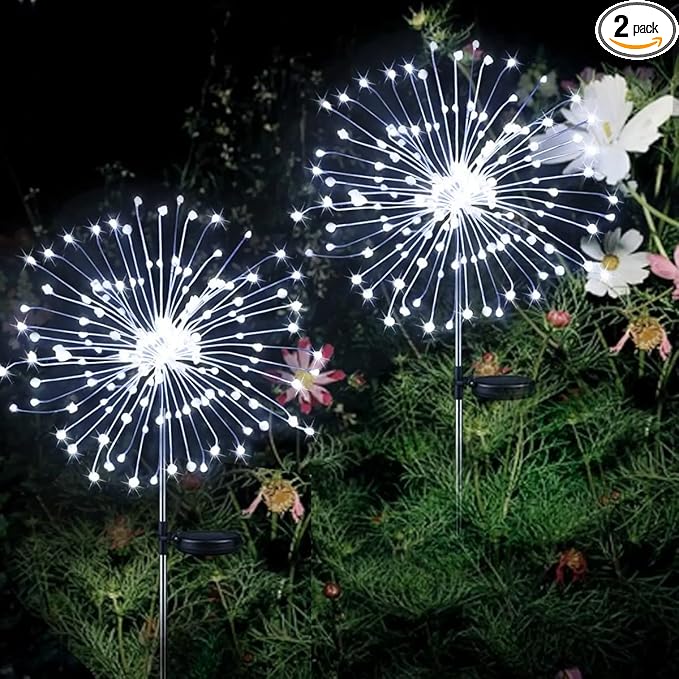 XIHAMA Solar Garden Lights 2 Pack Firework Lights Outdoor Waterproof, 150 LEDs with 8 Lighting Modes for Yard Pathway Patio Party Wedding Decorative (White)