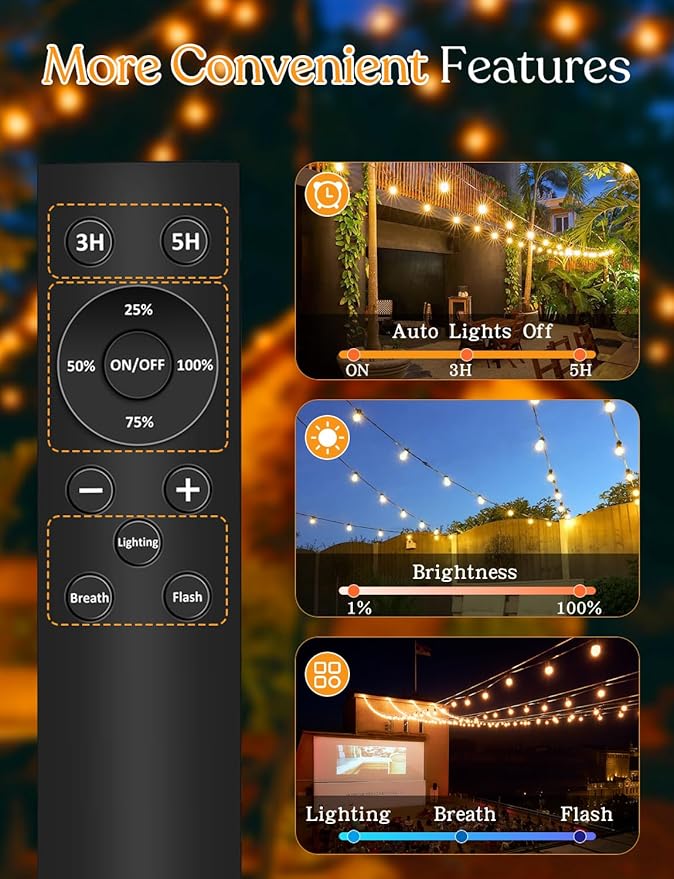 100ft Solar Outdoor String Lights with Remote - USB Rechargeable Solar Powered Outdoor Patio Lights, Larger 3.5W | Lumora