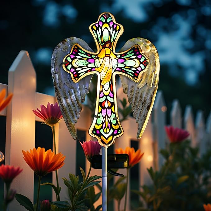 Unique, TEDOF Solar Glass Cross Stake Lights with Angel Wings, Outdoor Memorial Garden Decor for Grave, Festive Yard Lawn Patio Christmas Decoration for Mom, Warm Holiday Lighting