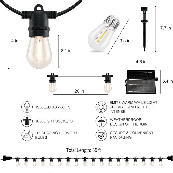 YULETIME 35 Feet 18 LED Solar Powered Patio String Lights, E26 Base with S14 Bulb Dimmable Weatherproof Backyard Light Bistro Lights (18 Lights - Solar Powered)