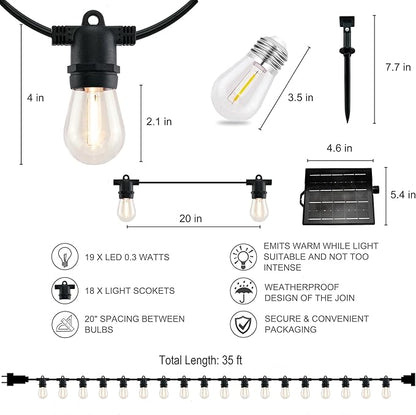 YULETIME 35 Feet 18 LED Solar Powered Patio String Lights, E26 Base with S14 Bulb Dimmable Weatherproof Backyard Light Bistro Lights (18 Lights - Solar Powered)