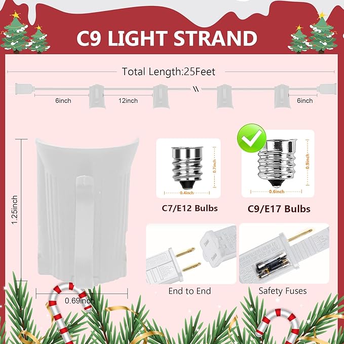 C9 Light Strings, 25Ft White Cord Strand with 25 Socket, E17 Light Stringer for C9 Christmas Lights, Outdoor | Lumora
