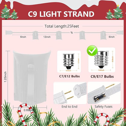 C9 Light Strings, 25Ft White Cord Strand with 25 Socket, E17 Light Stringer for C9 Christmas Lights, Outdoor Stringer Set for Christmas Patios Wedding, E17 Intermediate Base, 12" Spacing, White Wire