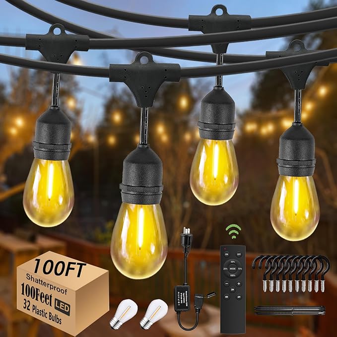 100FT String Lights for Outside with 30+2 Bulbs, Remote & Dimmer, Patio String Lights with 3 Light Modes & Timer | Lumora