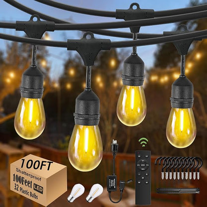100FT String Lights for Outside with 30+2 Bulbs, Remote & Dimmer, Patio String Lights with 3 Light Modes & Timer, IP65 Waterproof,2200K Outdoor Lights for Patio Backyard Gazebo Pergola Café