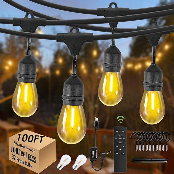 100FT String Lights for Outside with 30+2 Bulbs, Remote & Dimmer, Patio String Lights with 3 Light Modes & Timer | Lumora