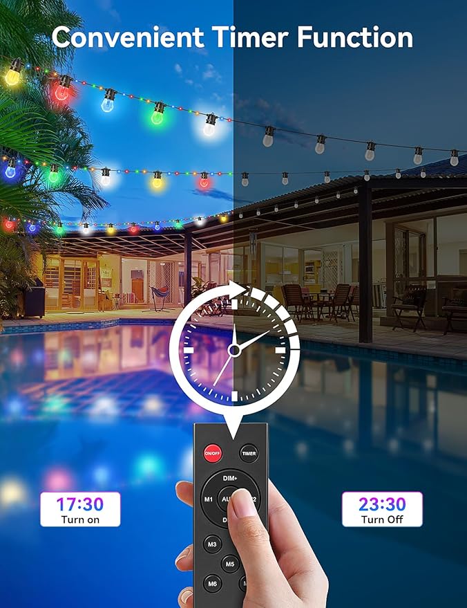 Brightever LED Outdoor String Lights Waterproof, RGBW 48FT Patio Lights with 15 S14 LED Bulbs, Heavy-Duty Outdoor Hanging Lights with Remote and Timer, Color Changing Christmas Decor for Yard, Plug-in