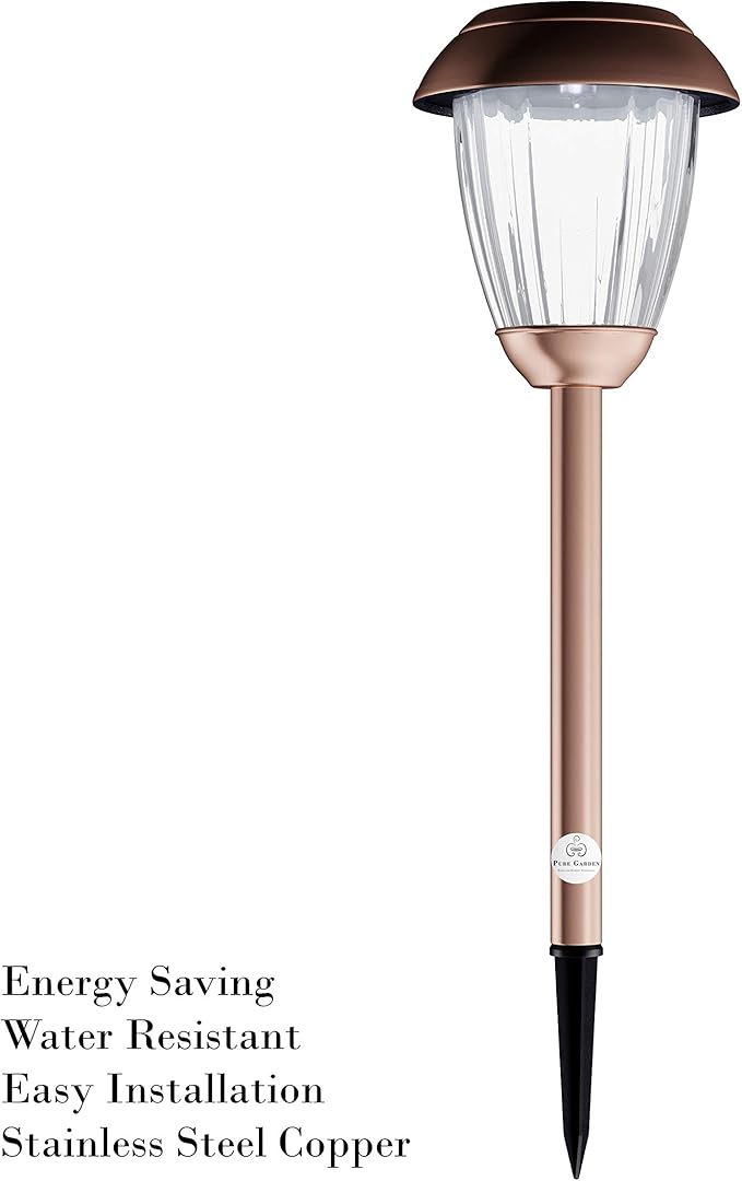 Solar-Powered Outdoor Lights - Set of 8 Stainless-Steel Stake Lights for Gardens, Walkways, Driveways, Landscapes, and Patios by Pure Garden (Copper)
