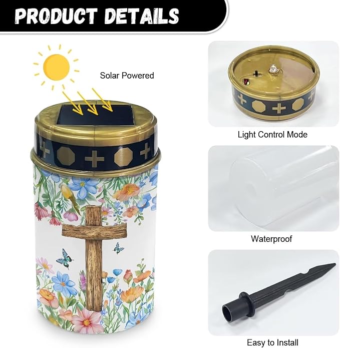 Solar Garden Light Cross and Floral Cemetery Solar Light Memorial Solar Light Waterproof LED Solar Light Outdoor Garden Lights Landscape Light Decoration