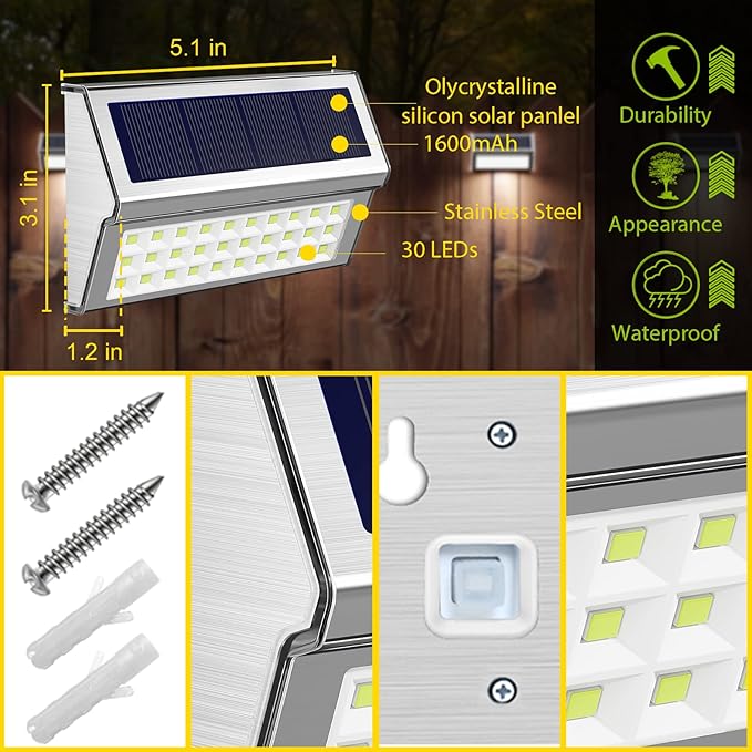 ROSHWEY Solar Lights Outdoor 6 Pack 30 LED Deck Lights Solar Powered Waterproof Outside Stair Light Fence Post Lamp | Lumora