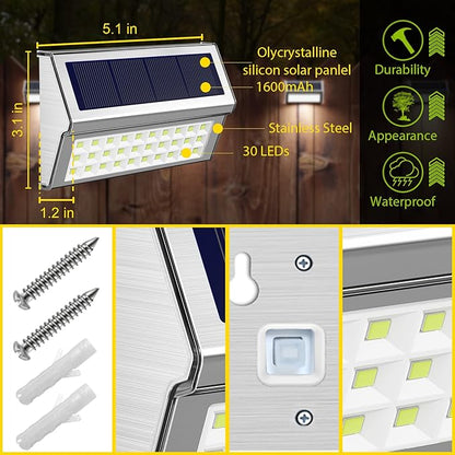 ROSHWEY Solar Lights Outdoor 6 Pack 30 LED Deck Lights Solar Powered Waterproof Outside Stair Light Fence Post Lamp Outdoor Decor for Patio Step Pool Yard Walkway, Cool White Light