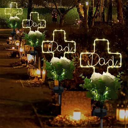 Lmtocs New Version Solar Cross Light for Cemetery Dad, 2 Modes with Rose Flower for Dad Grave Decorations, Waterproof Outdoor Light for Christmas Father Day Memorial Day Grave Decor