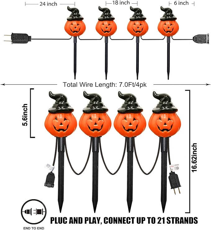 Halloween Pumpkin Pathway String Lights 4 Jack-o-Lantern Stakes Lights with C7 Bulbs, 7Ft Extendable Wizard Hat | Lumora