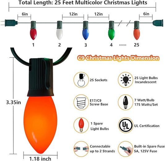C9 Christmas Lights Outdoor 25Ft Vintage Incandescent Christmas Lights with 26 Multicolor Ceramic Glass C9 Bulbs(1 Spare), Extendable Xmas String Light for Outside Patio Roofline Party Decorations