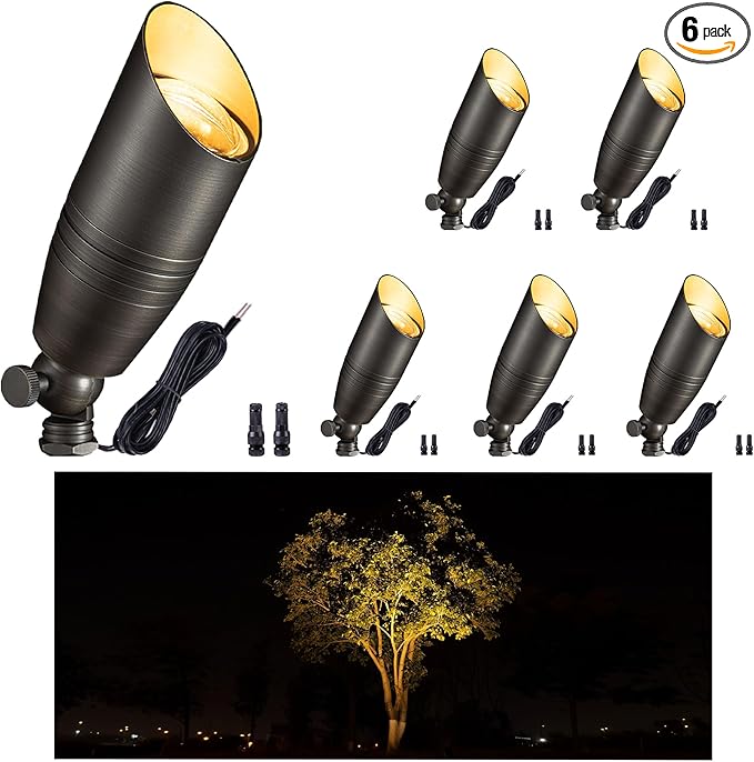Gardenreet Low Voltage Spot Lights - Solid Brass Landscape Spotlight Wired, 12V Outdoor LED Uplights Waterproof, Electric Bronze Adjustable Focus for Patio Wall Without MR16 Bulb (6 Pack)