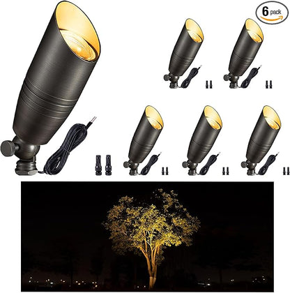 Gardenreet Low Voltage Spot Lights - Solid Brass Landscape Spotlight Wired, 12V Outdoor LED Uplights Waterproof, Electric Bronze Adjustable Focus for Patio Wall Without MR16 Bulb (6 Pack)