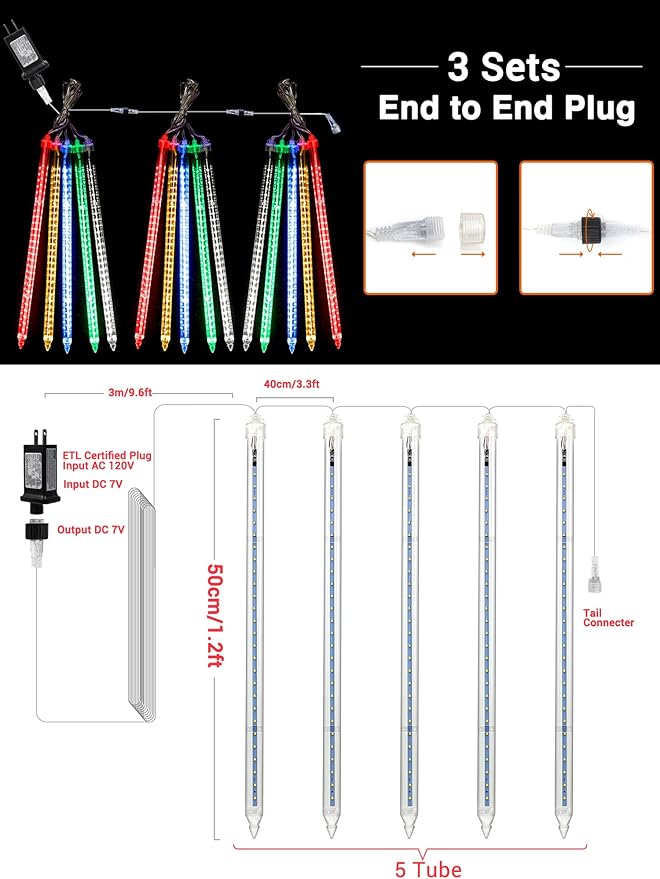 Flacchi Meteor Shower Icicle Lights - 5 Tubes 20" Each 270 LED Cascading Raindrop Lights, Timer Outdoor Waterproof | Lumora