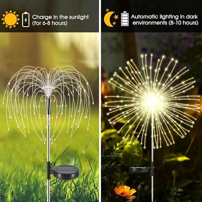 Solar Garden Lights Outdoor,Waterproof Garden,2 Pack 200 LED Twinkling Firework Lights Decorative with 8 Modes,Decor for Yard Patio Pathway Lawn for Yard Outside Fairy Decorative (Warm light-2Pack)