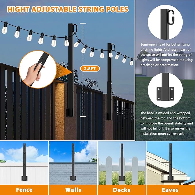 LETIANPAI 2.8Ft String Light Poles 6 Pack,Light Poles for Outside Lights,Outdoor with Fence Brackets Hanging | Lumora